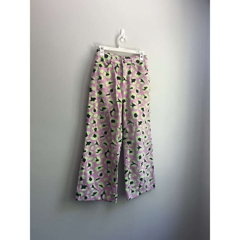 Hayley Elsaesser x TWIK Pink Green Leopard Print Wide Leg Jeans Size 27 Highrise